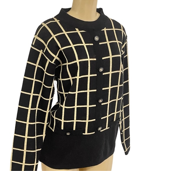 Adolfo Collectibles vintage ivory black lambs wool button career sweater top L